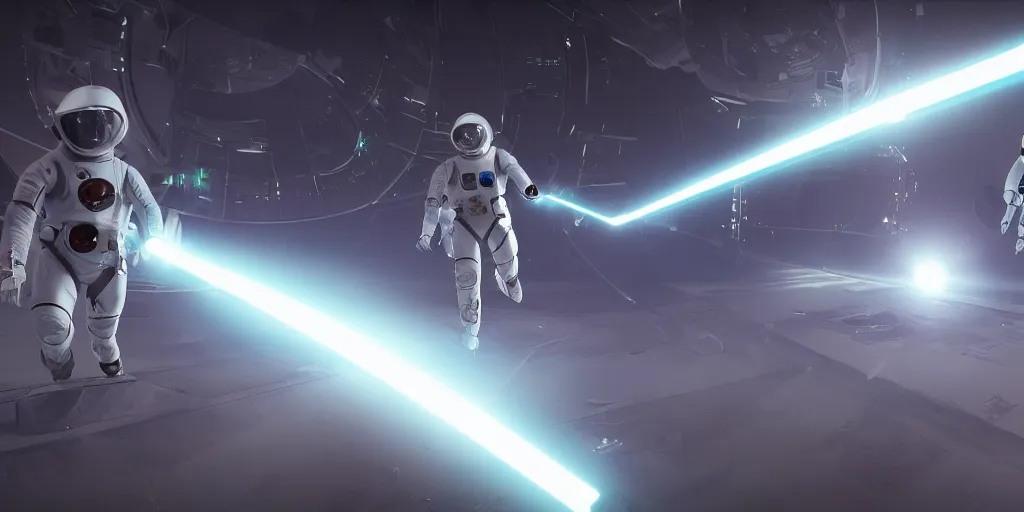Image similar to futuristic spacemen firing lasers in zero gravity, skintight suits, floating, floating white star - shaped obstacles, surrounded by a laser grid, unreal engine, lensflares, low perspective