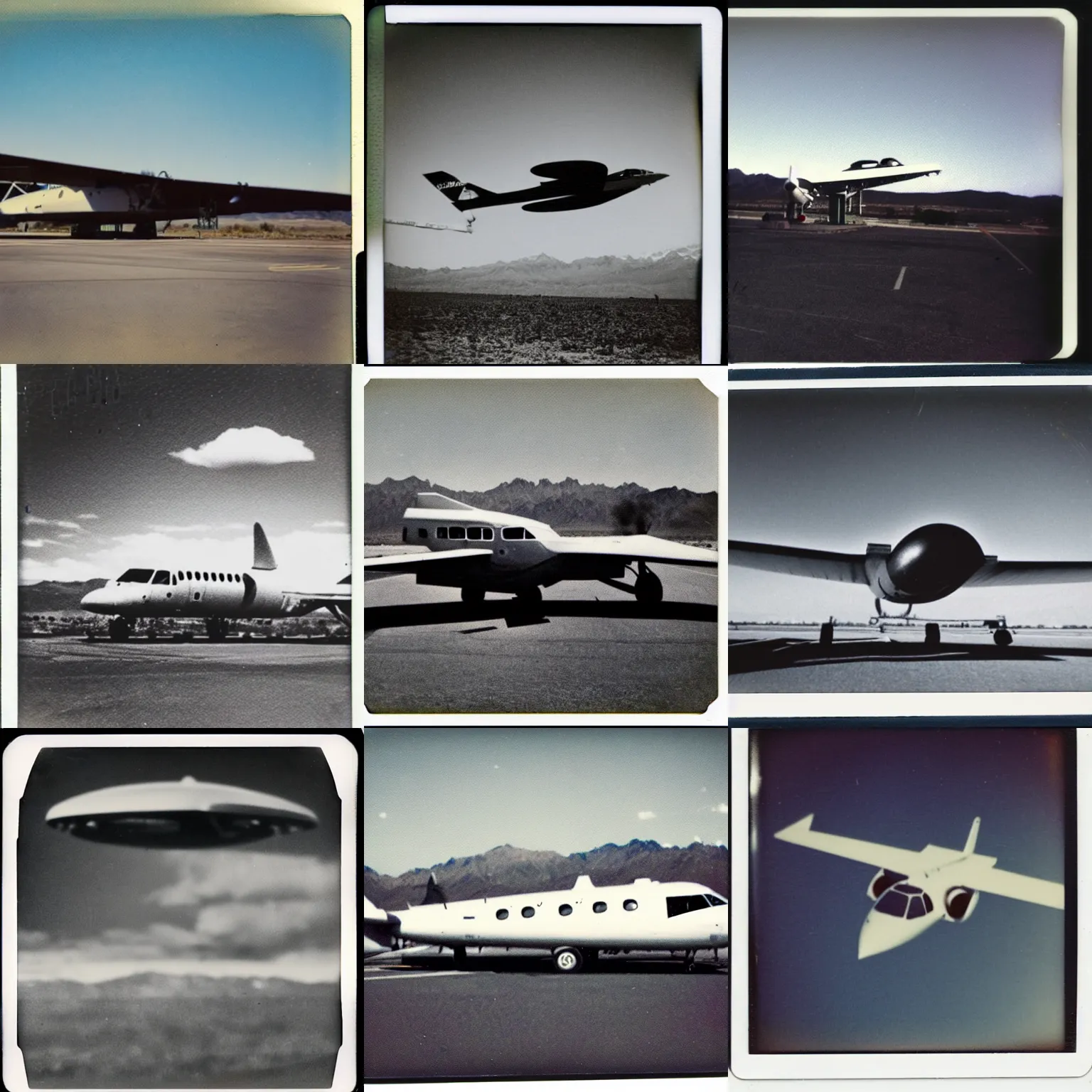 Prompt: a polaroid photograph of a top secret aircraft at area 5 1