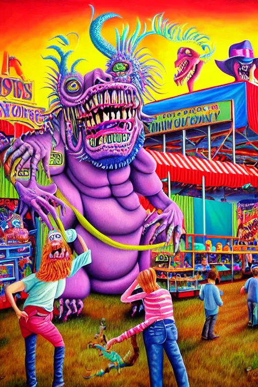 Image similar to a hyperrealistic painting of a monsters day at the county fair, cinematic horror by jimmy alonzo, lisa frank, the art of skinner, highly detailed, vivid color,