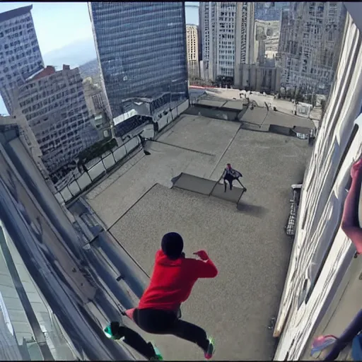 Prompt: first person perspective pov of parkour at high buildings