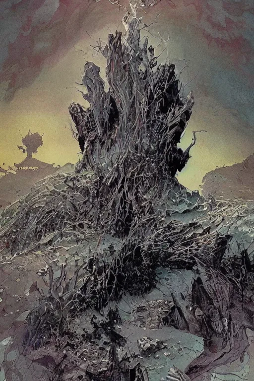 Image similar to The storms extol our ancient glory, great mounds feed us power from the sacred earth, intricate, elegant, digital mixed media painting, concept art, smooth, sharp focus, illustration, from 1961, by Bill Sienkiewicz, Moebius, Pepe Moreno and Stephen Gammell