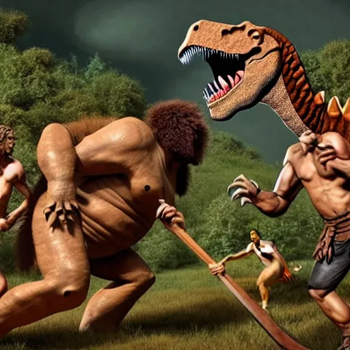 Image similar to A large dinosaur! fighting with several realistic detailed cavemen with proportioned bodies, next to the dinosaur are cavemen, the cavemen are armed with spears, the caveman are in a fighting stance, the cavemen are wearing animal furs, one caveman is stabbing the dinosaur with his spear, one caveman is cowering in fear, coarse canvas, visible brushstrokes, intricate, extremely detailed painting by Giorgione (and by Greg Rutkowski)