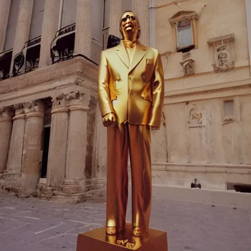 Prompt: photo of gold plated nick cage statue in greece, cinestill, 800t, 35mm, full-HD