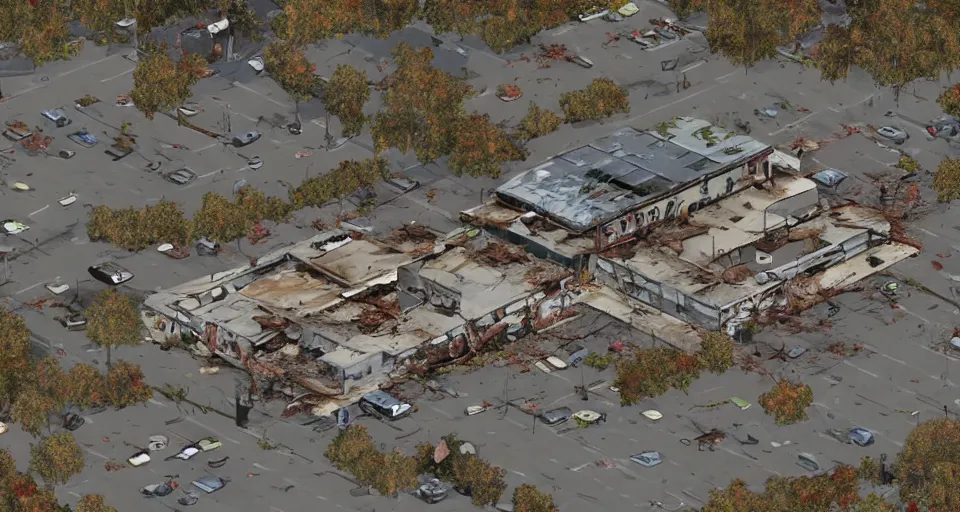 Image similar to top down aerial view of dilapidated zombie - apocalypse gas - station with supermarket and restaurants in real life, desolate with zombies, dilapidated, zombies in the streets, nightmarish, some rusted style parked vehicles, sunny weather, few clouds, volumetric lighting, photorealistic, daytime, autumn, sharp focus, ultra detailed, cgsociety