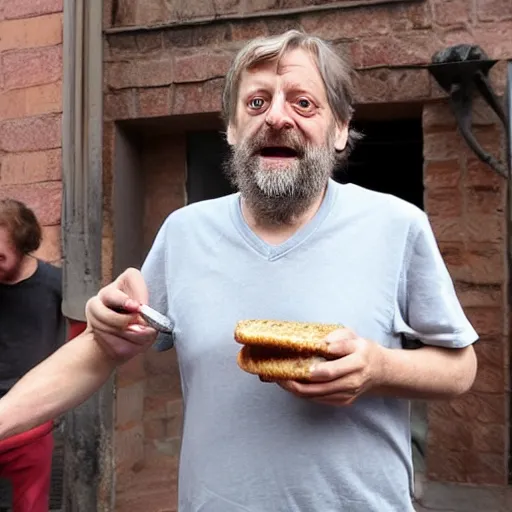 Image similar to Slavoj Zizek trying to eat a sandwich but it keeps disintegrating into both saliva and ideology before it gets to his mouth wearing a black t-shirt v-neck Dom Qwek igor wolski greg simpkins kirbi fagan alex heywood greg rutkowski john howe sergi brosa dave melvin sam nielson anthony sieben thomas duchek andree wallin adam adamowicz piotr kowalski bobby chiu jared nickerson jake souva marc sarmel goro fujita