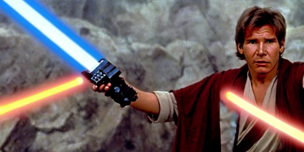 Prompt: A full color still from a film of a young Harrison Ford as a Jedi padawan holding a lightsaber hilt, from The Phantom Menace, directed by Steven Spielberg, 35mm 1990
