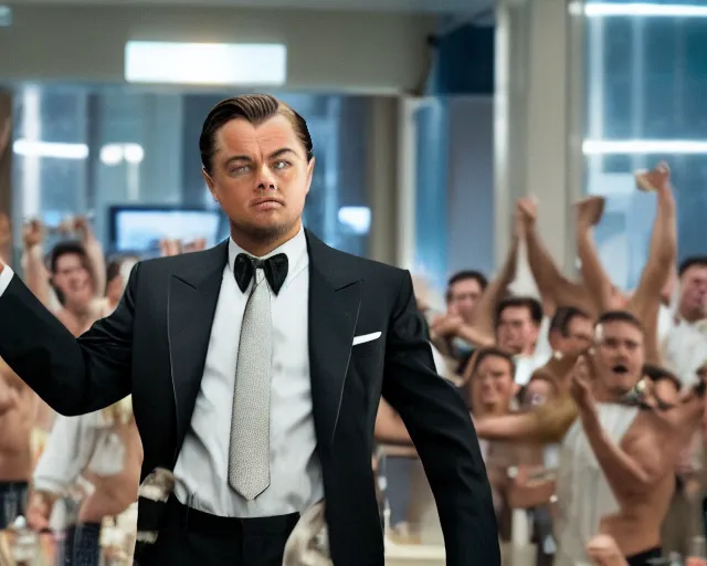 Image similar to leonardo dicaprio as the wolf of wall street, cinamtic, long shot, hyper detailed, 8 5 mm photograph, 8 k resolution, film still, sharp lens, wide lens