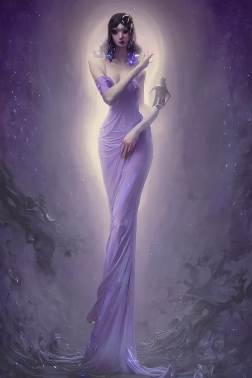 Image similar to Nocturne, glowing, stars, a long-legged elegant evil woman, highly detailed, mysterious, ethereal, dressed in ultra violet velvet, haute couture, illustration, dramatic lighting, soft details, painting, by Edmund Blair Leighton, Brom, Charlie Bowater, trending on artstation, faces by Tom Bagshaw, otto schmidt