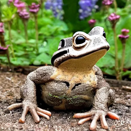 Prompt: a toad in a garden eating a stormtrooper