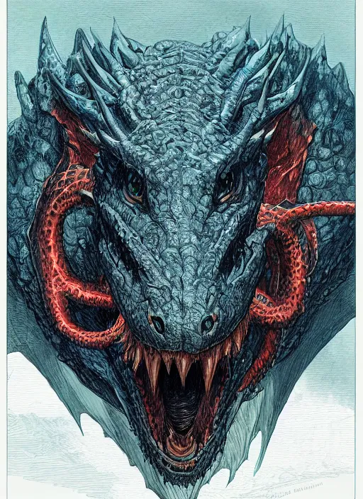 Image similar to a photographic portrait of a dragon by gustave dore and raphael lacoste and dan mumford, trending on artstation, a leopard - like sea beast, a two - horned earth beast, natural earth tone colors, cerulean blue, cyan, red