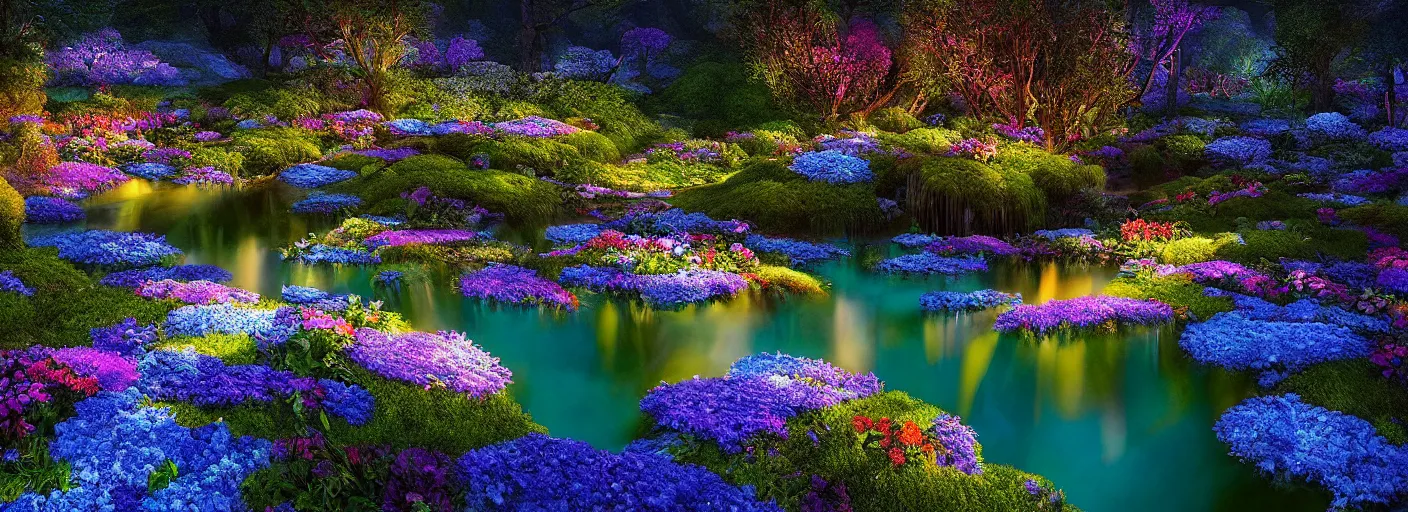 Image similar to photograph of enchanted garden, blue pond in the middle, with rays of light, flowers with intricate detail, by marc adamus, highly detailed, intricate detail, cinematic lighting