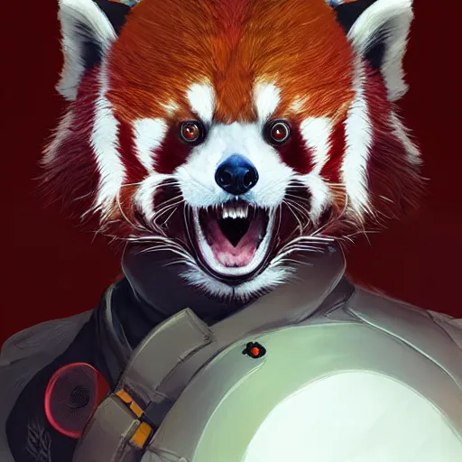Image similar to red panda in white coat as apex legends character, digital illustration portrait design, by android jones and greg rutkowski, retrowave color scheme, detailed, cinematic lighting, wide angle action dynamic portrait