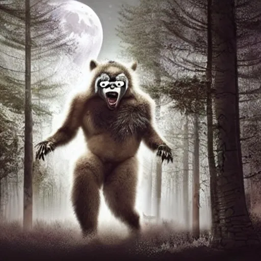 Prompt: photo of a human partially transforming into a werewolf that looks like a panda, in the moonlit forest. physiological transformation ; hybrid creature. highly - detailed ; photorealistic.