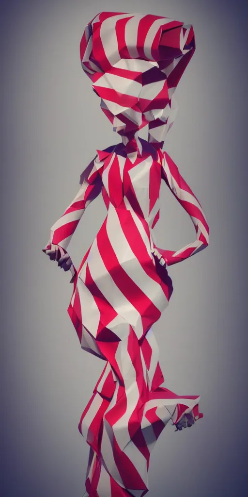 Prompt: anthropomorphic candy woman wearing a flowing paper couture dress striped like a candy cane, paper candy people, paper origami candy, pastel lighting, 3D, very detailed, octane render, trending ArtStation, artgem