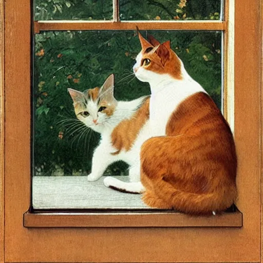 Image similar to A very content calico cat sitting on a wooden table looking out a window, artist is Norman Rockwell,