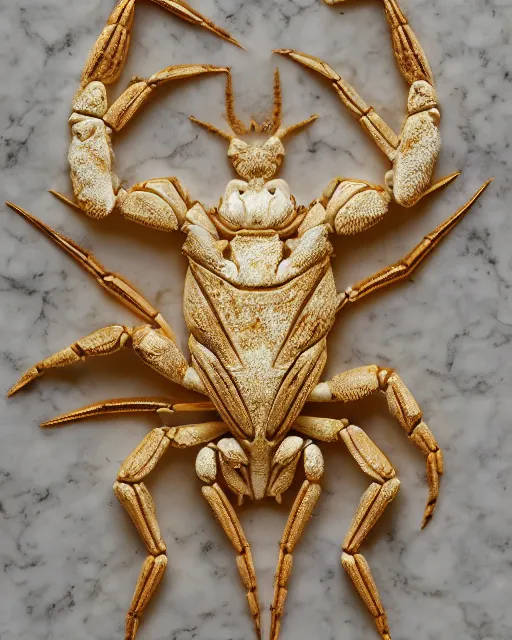 Image similar to white calacatta gold marble, white and gold kintsugi, bas relief carving, feminine shapes, crab shapes, spider shapes, scorpion shapes, tarantula shapes, stunning, highly detailed, intricately detailed, octane, 8 k, trending on artstation