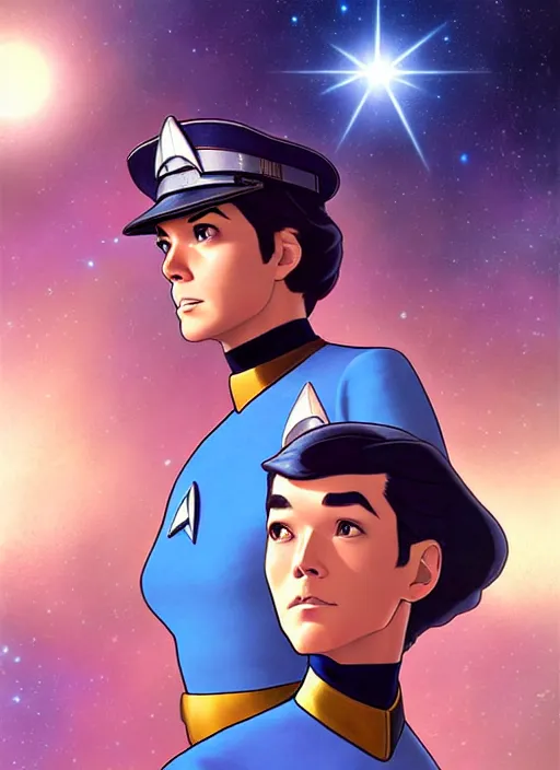 Image similar to cute star trek officer george harrison, natural lighting, path traced, highly detailed, high quality, digital painting, by don bluth and ross tran and studio ghibli and alphonse mucha, artgerm