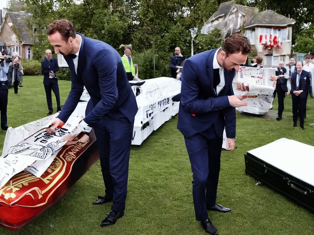 Image similar to a solemn perfect photograph of gareth southgate placing a soccer ball into a coffin decorated with hate mail.