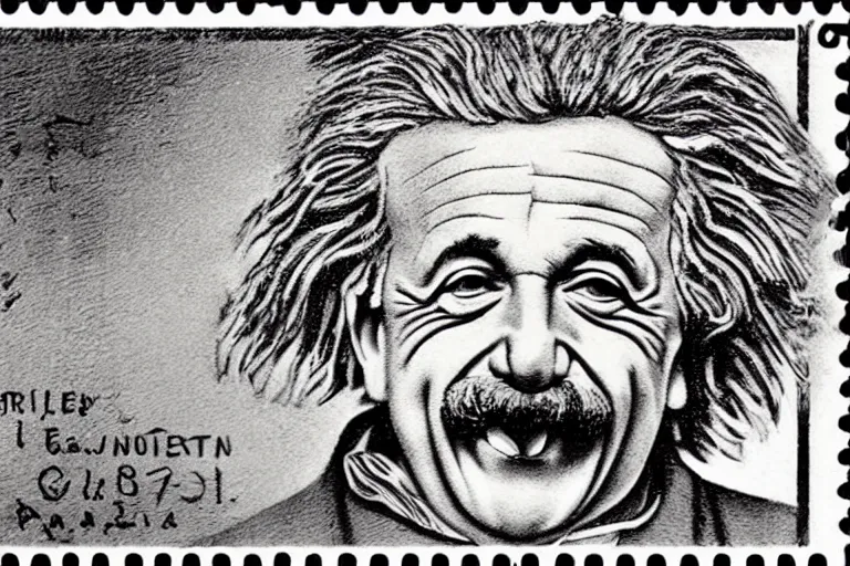 Image similar to goofy engraved portrait of albert einstein sticking tongue out, detailed!!! color engraving in the style of a postage stamp, fine!!! lines