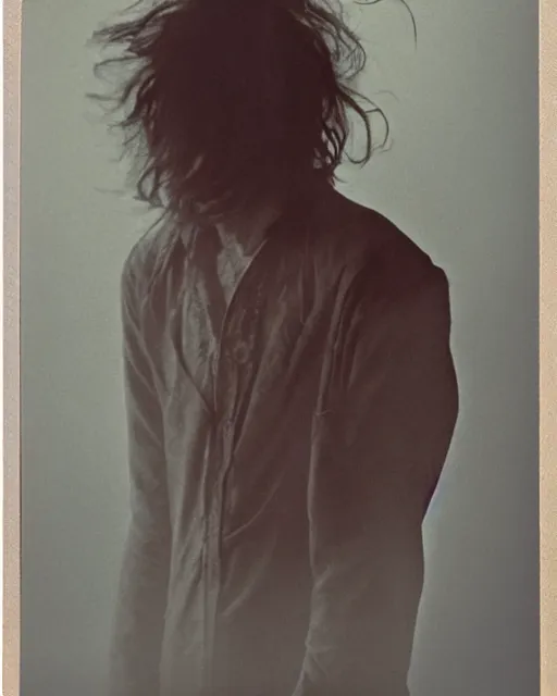 Prompt: an instant photo of a beautiful but creepy man in layers of fear in devonshire, with haunted eyes and wild hair, 1 9 7 0 s, seventies, wallpaper, moorland, a little blood, moonlight showing injuries, delicate embellishments, painterly, offset printing technique, by mary jane ansell