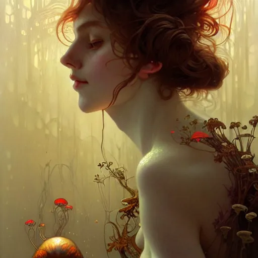 Image similar to A girl surrounded by magic mushrooms, face, detailed, intricate, elegant, highly detailed, digital painting, artstation, concept art, smooth, sharp focus, illustration, art by Krenz Cushart and Artem Demura and alphonse mucha
