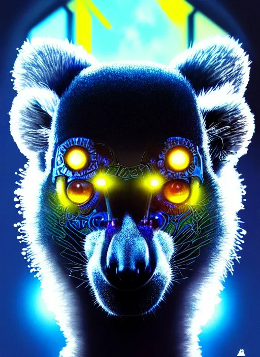 Prompt: symmetry!! portrait of a lemur, sci - fi, tech wear, blue and yellow glowing lights!! intricate, elegant, highly detailed, digital painting, artstation, concept art, smooth, sharp focus, illustration, art by artgerm and greg rutkowski and alphonse mucha