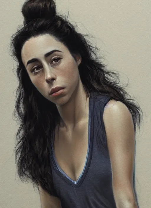 Prompt: full length photo of a sad Oona Chaplin in a tanktop in the style of stefan kostic, not realistic, sharp focus, 8k high definition, not detailed, intricate, elegant, art by stanley lau and artgerm