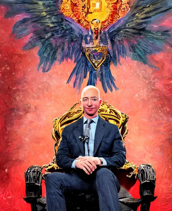 Image similar to a vivid fantasy portrait of jeff bezos sitting on a dark throne