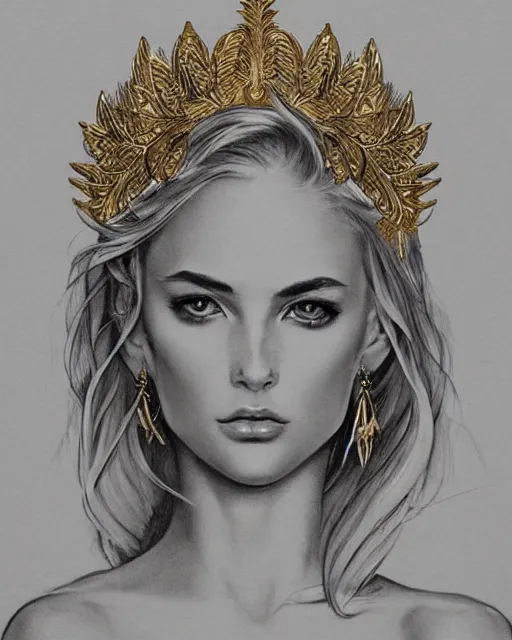 Image similar to tattoo design sketch of cute beautiful blonde super model as aphrodite greek goddess wearing a gold laurel wreath and triangle earrings, beautiful piercing gaze with sharp pupils, in the style of greg rutkowski, fantasy, amazing detail, epic, elegant, smooth, sharp focus, front view