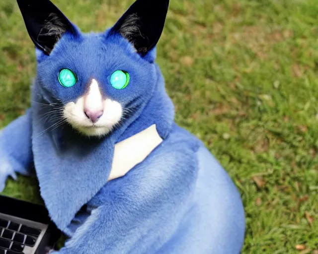 Image similar to a blue - and - black male blue / green heterochromatic catbat fursona with blue / green heterochromatic eyes ( one eye green ) and huge bat ears, photo of the catbat streaming on his computer