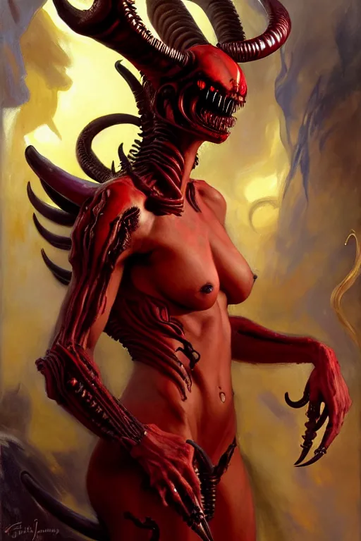 Image similar to painted close - up portrait of a very attractive red - skinned intimidating demon xenomorph queen with ram horns! oil painting, wearing a noblewoman's outfit, fantasy art by john singer sargent and gaston bussiere and james jean and greg rutkowski, demon noble character design, hd