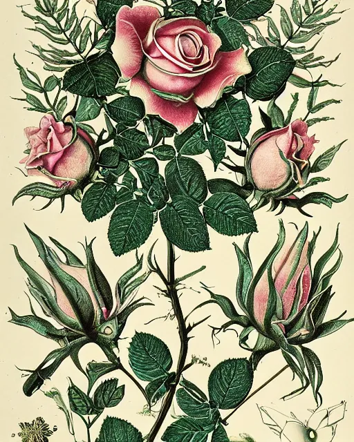 Prompt: fantasy rose with flower vintage botanical illustration style, made by ernst haeckel