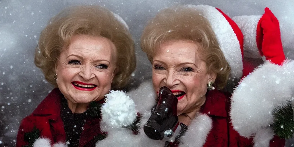 Image similar to betty white rocket launcher christmas nightmare horror by jordan peele cinematic fog snow night terrifying