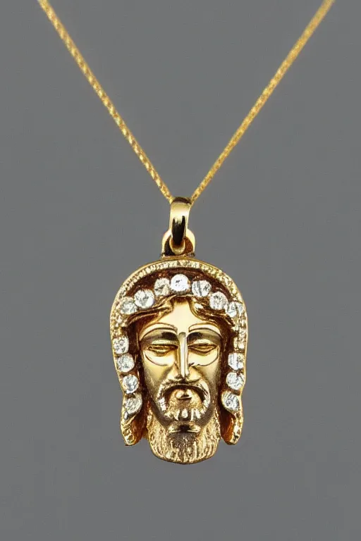 Prompt: diamond and gold jesus head pendant