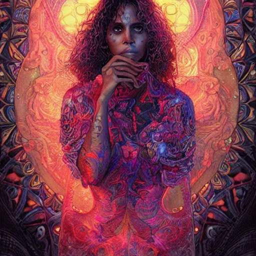 Prompt: portrait of halle berry, hyper detailed masterpiece, neon floral pattern, jean giraud, digital art painting, darkwave goth aesthetic, psychedelic, artgerm, donato giancola and tom bagshaw