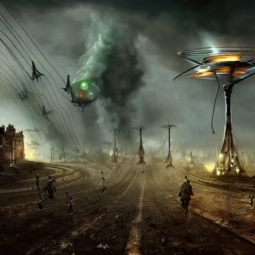 Prompt: war of the worlds by jeff wayne, martian trypods, victorian london, smoke and destruction, dark clouds, hundred of people running, epic, dramatic, by greg rutkowsk, 4K, ultra detailed, wide angle, trending on artstation