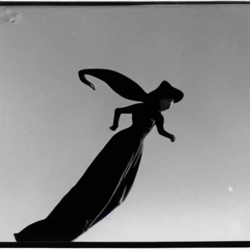 Prompt: Black and white pinhole camera photo of a witch flying on a broom