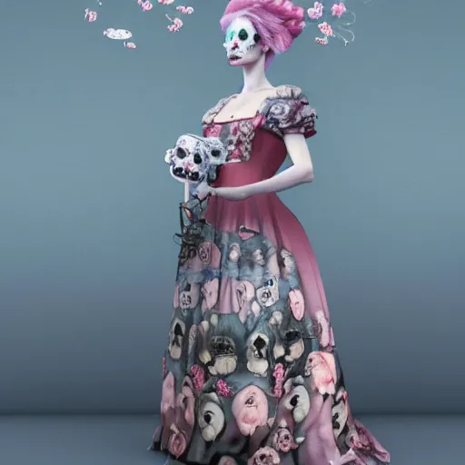 Image similar to 8 k, octane render, realism, tonalism, renaissance, rococo, baroque, cotton candy, creepy young lady wearing long harajuku manga dress with flowers and skulls ( background chaotic flowers )