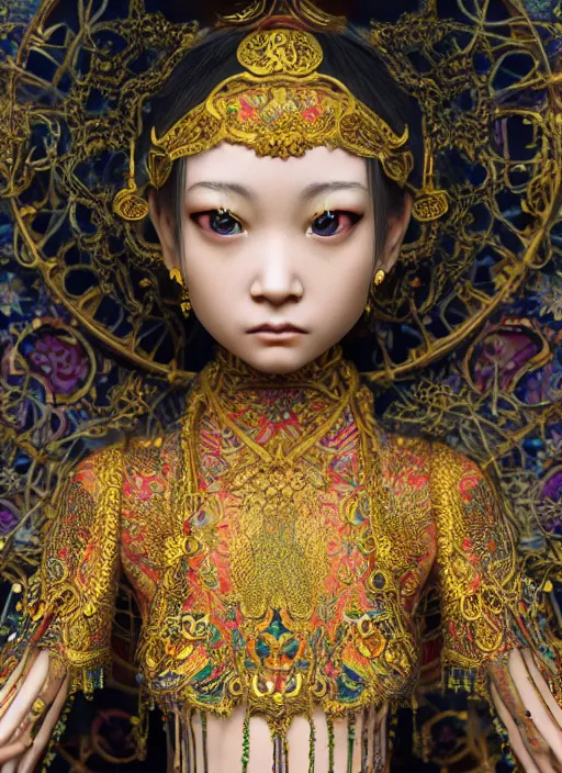 Prompt: a photo - real delicate sculpture of an ornate detailed oriental girl in front of a intricate background by aj fosik, micro detail, backlit lighting, octane renderer, colorful, physically based rendering, tribal art, trending on cgsociety