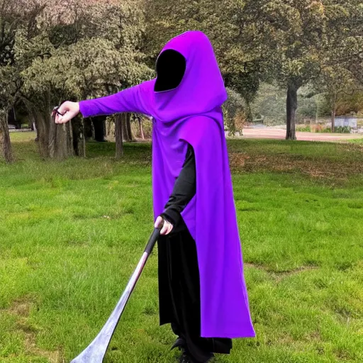 Image similar to grim reaper, purple cloak, full body, scythe