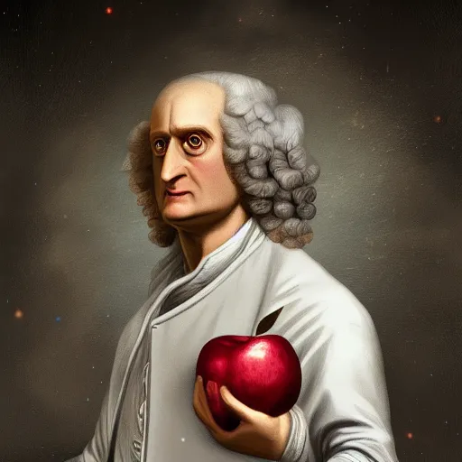 Image similar to An extremely detailed portrait of Isaac Newton in futuristic power armor holding an apple, in the style of Magic the Gathering, 4k, mirror lake, highly detailed, trending on artstation