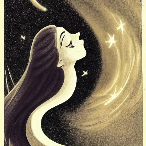 Prompt: A beautiful illustration of a young girl with long flowing hair, looking up at the stars. She appears to be dreaming or lost in thought. Sonic the Hedgehog by Dora Maar ✨