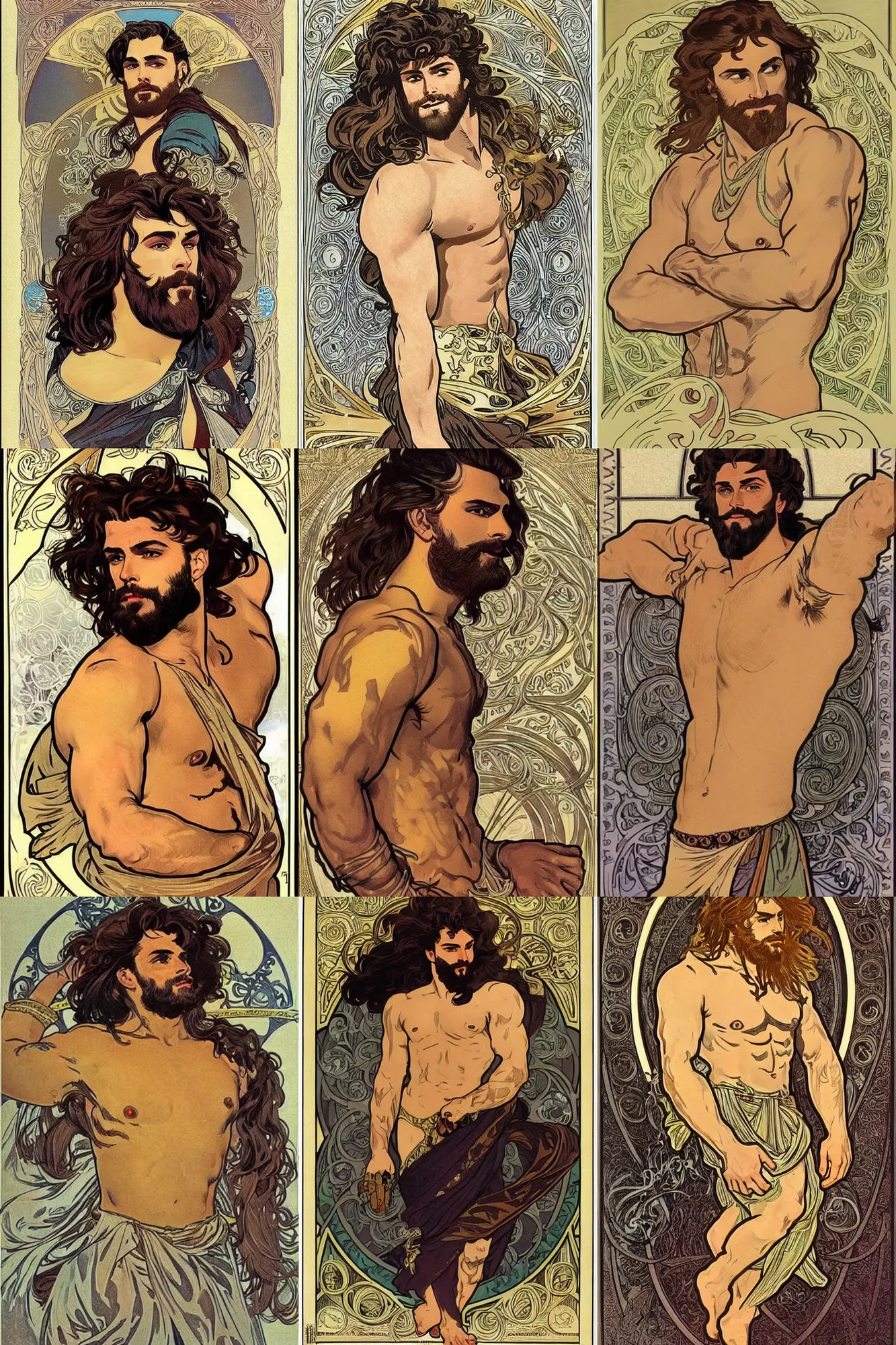 Prompt: beautiful gigachad with slick brown beard, wavy hair, huge glistening muscles, many scars, wearing golden armour. in the style of alphonso mucha
