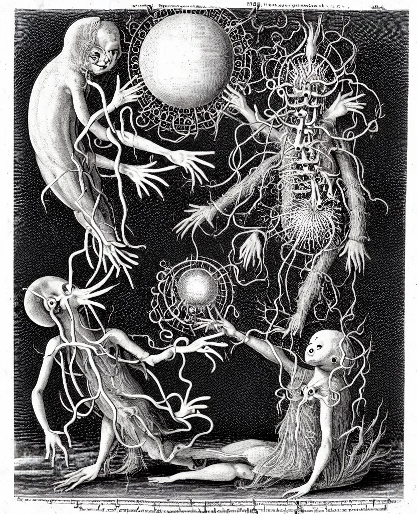 Image similar to whimsical freaky creature sings a unique canto about'as above so below'being ignited by the spirit of haeckel and robert fludd, breakthrough is iminent, glory be to the magic within