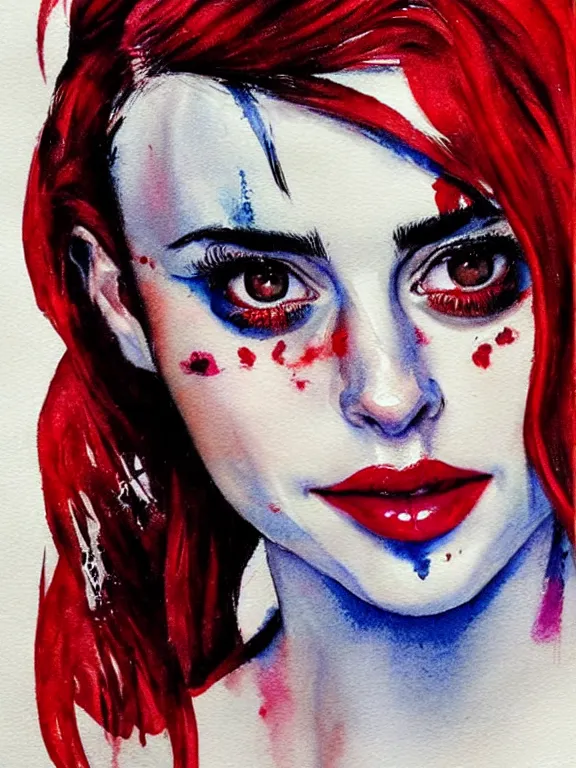 Prompt: portrait of a young krysten ritter as harley quinn, closing her eyes, aquarelle, realistic painting, freckles, 1 / 4 headshot