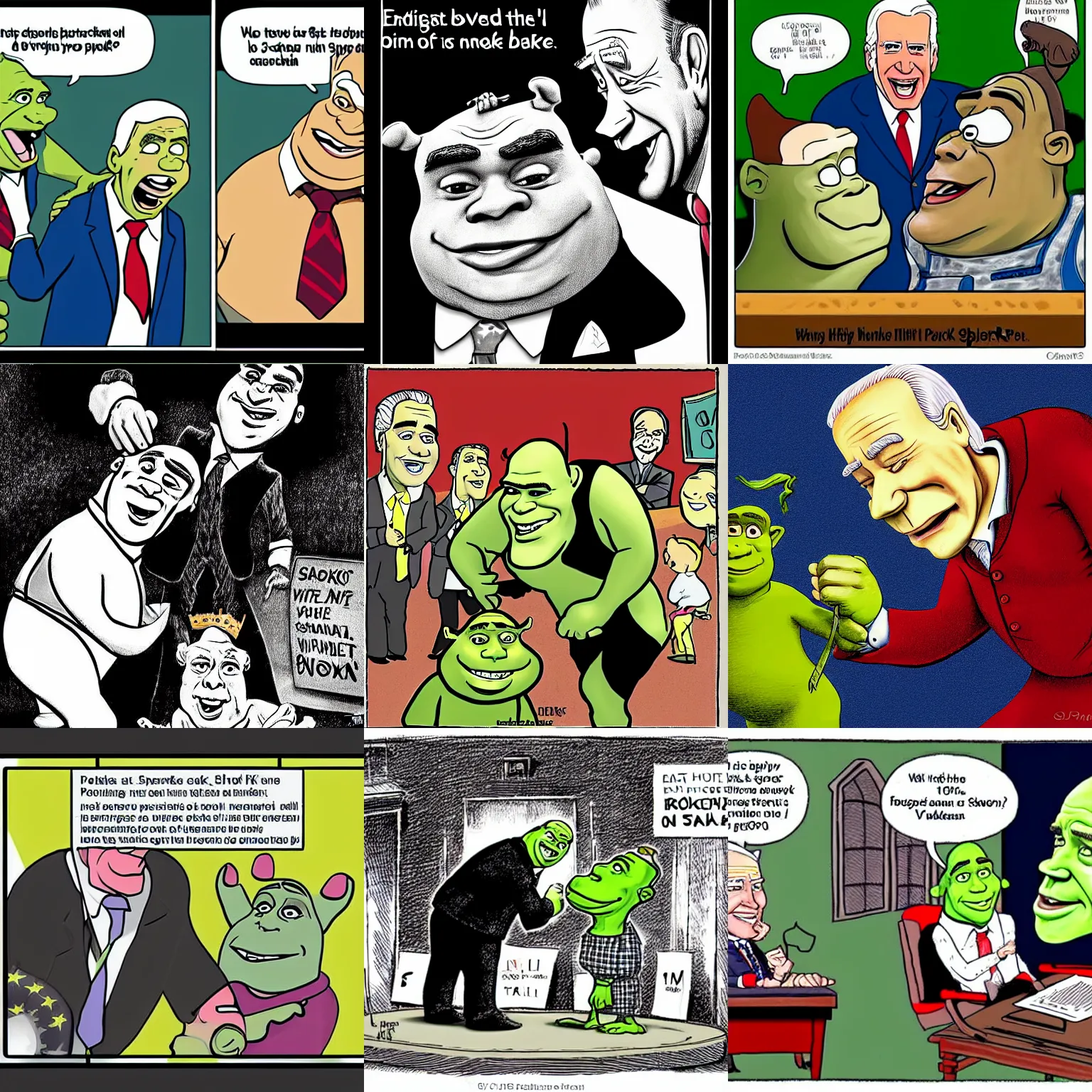 Prompt: political cartoon of Shrek spanking Joe biden