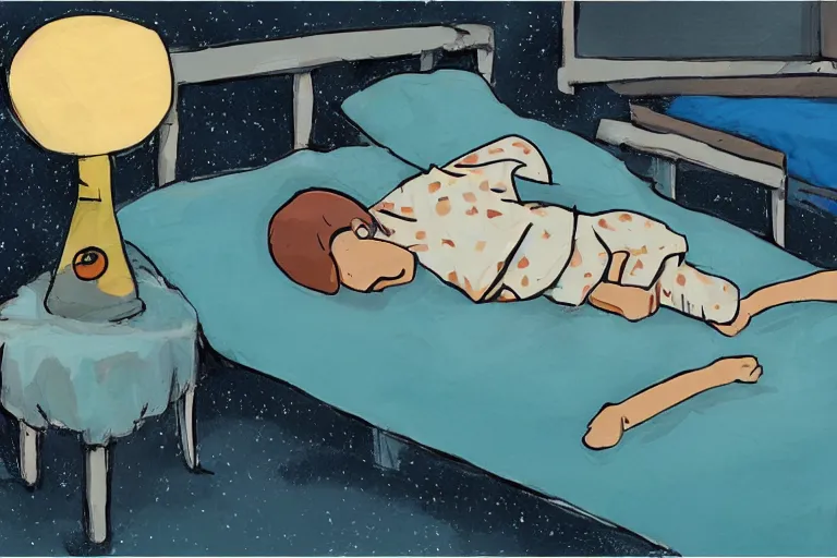 Prompt: Digital illustration of a kid sleeping on his bed at night, cute