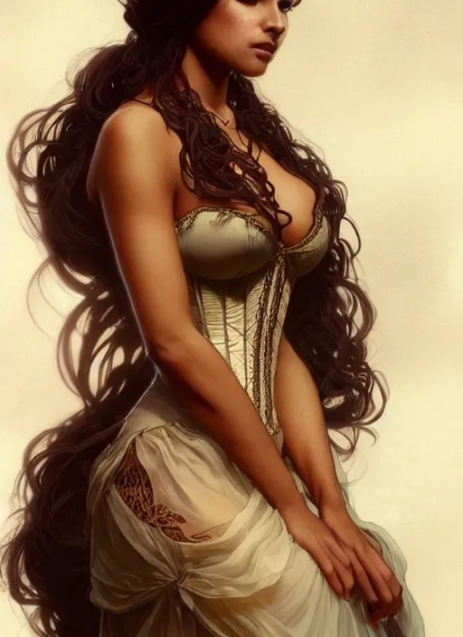 Image similar to cute brown woman wearing a translucent corset dress, fantasy, intricate, highly detailed, digital painting, artstation, concept art, wallpaper, smooth, sharp focus, illustration, art by artgerm and greg rutkowski and alphonse mucha