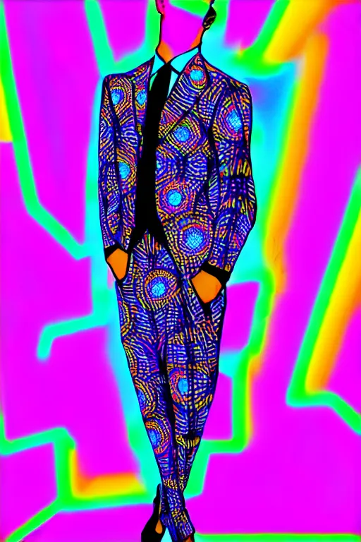 Prompt: psychedelic fashion business suit surrealist 1 9 2 0 s visionary blacklight neon pattern textile business suit uniform fashion shoot
