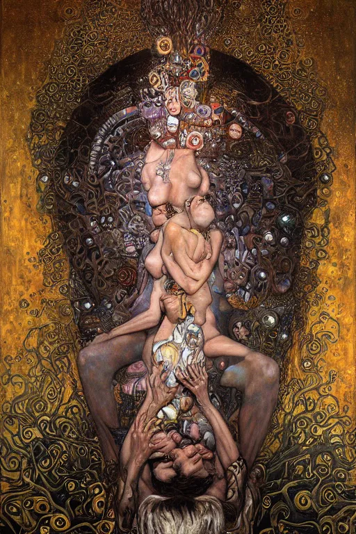 Image similar to Divine Chaos Engine portrait by Karol Bak, Jean Deville, Gustav Klimt, people looking at a large painting wearing oculus in a contemporary museum, dark, intricate, realistic detailed image of a semi overhead view of an old couple sitting on a couch highly detailed, smooth, artstation, digital illustration by moebius. James jean graffiti. Artgerm and Franics Bacon and Greg Rutkowski and Zdzislaw Beksinski